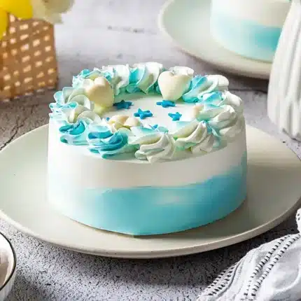 Whimsical blue and white vanilla cake